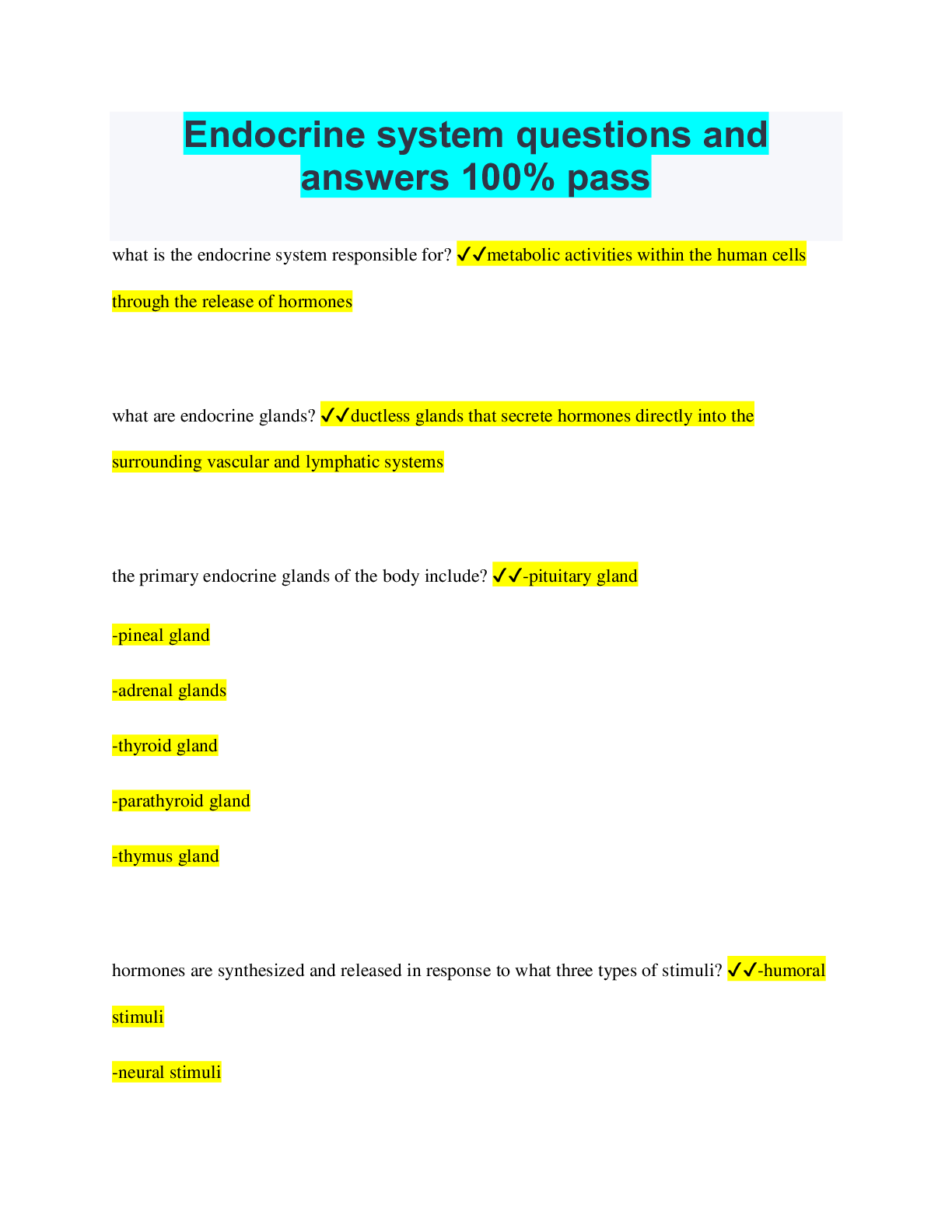 Preview image of Endocrine system questions and answers 100% pass document